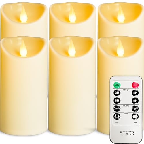 YIWER Plastic Battery Operated Candles,Pack of 6 Flameless LED Candle with 10 Key Remote and Timer Electric Fake Flickering Light D3”H6” Last 200