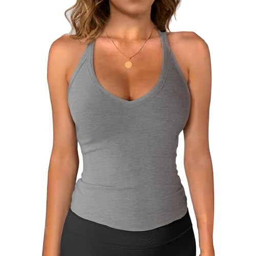 iGENJUN Womens Spaghetti Strap V-Neck Ribbed Tank Tops for Women 2025 Slim Fitted Soft Camisole Basic Layering Shirts Small Dark Grey