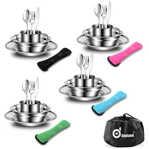 Odoland 29pcs Stainless Steel Camping Flatware Sets with Bowls Plates Cups Forks Spoons and Knives for 4, Cutlery Flatware Set for Backpacking, Outdoo