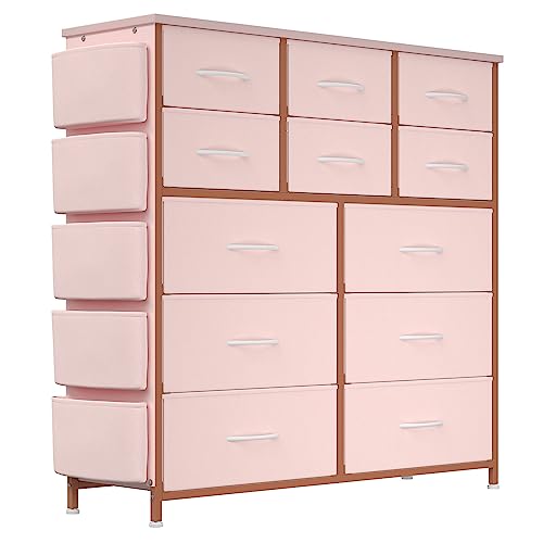 Garvee Dresser for Bedroom with 12 Drawer, Entryway, Storage Organizer Unit with Fabric, Sturdy Metal Frame, Wood Tabletop, Easy Pull Handle - Pink