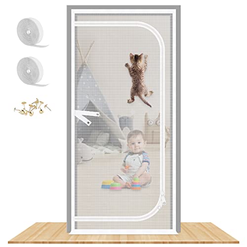 Reinforced Cat Screen Door, 38X83” Heavy Duty Pets Proof Screen Door with Two Way Zips, Prevent Dogs Cats Running Out from Home, Bedroom, Living Roo
