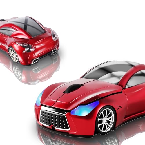 Elec Space Wireless Car-Shape Mouse With LED Headlights, 2.4G Unique for Kids, USB Receiver, 1600 DPI Cool Gaming for Laptop PC Computer-Red