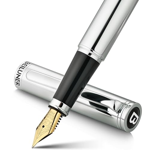 BEILUNER Silver Fountain Pen,Stunning Luxury Pens with Bright Silver Chrome, Gorgeous 24K Gilded Nib(Medium), Fancy Pen Gift for Men&Women -Ink Conver