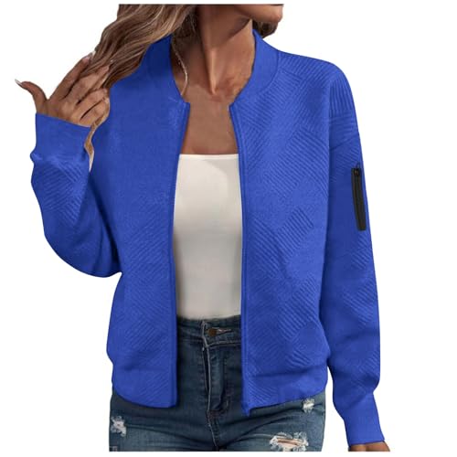 Womens Jacquard Bomber Jacket Lightweight Zip Up Knit Cardigan with Arm Pocket Autumn Fashion Sweater A01 Blue X-Large