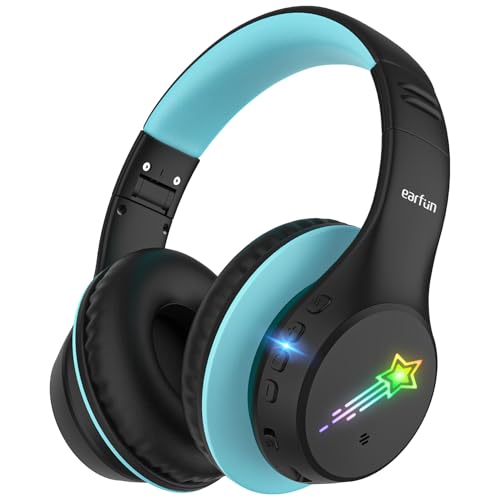 EarFun K4 Kids Bluetooth Headphones, Wireless Headphones with LED Lights, 74-85-94dBA Volume Limited, Built-in Mic, 90H Playtime, Bluetooth 5.4 Over E