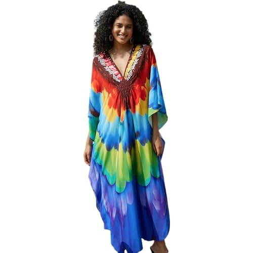 Wave Neck Swimsuit Cover Up Caftan Dress - Plus Size, Oversized, Long Beach Dress 8774-11 Macaw Feather X-Large