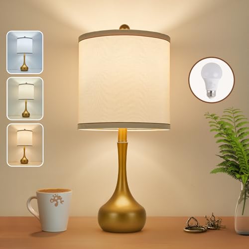 23" Farmhouse Table Lamp for Bedroom, Golden Metal Modern Bedside Lamps for Living Room, 3 Color Temperature Rustic Table Lamps for Night Stands, Dorm