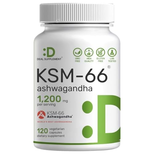 KSM 66 Ashwagandha 1,200mg with Black Pepper, 120 Veggie Capsules – Extra Strength Root Extract – High Absorption – Adaptogenic Supplements for