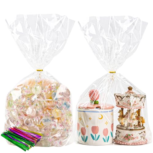 NPLUX 100 Pack Cellophane Bags Clear Flat bottom Cellophane Treat Bags Gusseted with 100 Pack Twist Ties for Candy Popcorn Cookie Small Gift Wrapping(