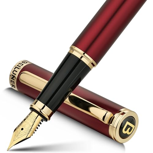 BEILUNER Red Fountain Pen,Stunning Luxury Pens with 24K Gold Finish, Gorgeous 24K Gilded Nib(Fine), Trustworthy Pen Gift for Men&Women -Ink Converter-