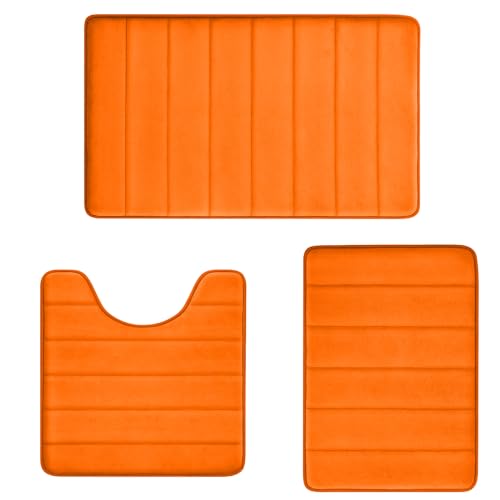 Orange Bathroom Rugs Extra Soft Memory Foam Bath Mat Sets 3 Piece Non Slip Absorbent & Dry Living Mat Sets Washable Bath Carpets with Toilet Rug,Bath