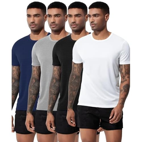 Arjen Kroos Men's Quick Dry Fit Running T-Shirts 4 Pack Activewear Gym Shirts Breathable Workout Undershirts Black-Grey-Blue-White Medium