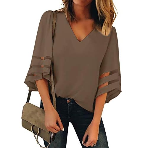 luvamia Women's Casual V Neck Blouse 3-4 Bell Sleeve Mesh Panel Shirts Loose Top Small B Partrige