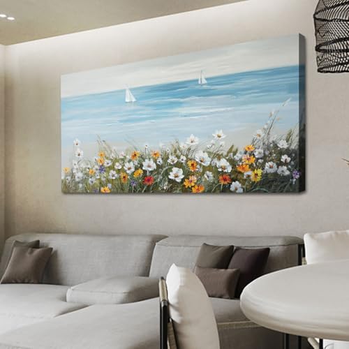 Ardemy Wall Art for Living Room，Daisy Flower Canvas Wall Art Ocean Wall Picture Painting Artwork Wall Decor Living Room Home Office Kitchen 40"x20"