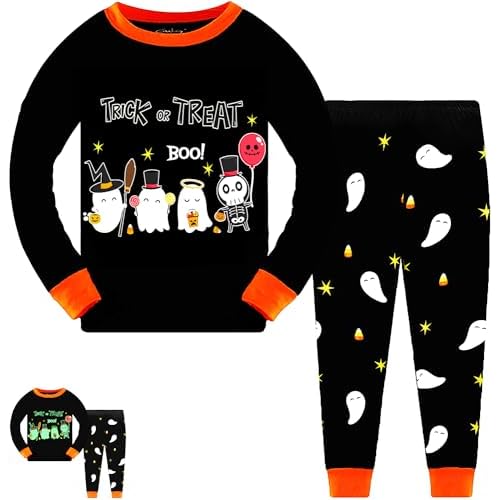 Tkria Kids Pajamas for Boys Skeleton Glow-in-The-Dark Cotton Sleepwear Toddler Clothes Halloween Outfit Size 1-7T… 5T Skeleton Ghosts