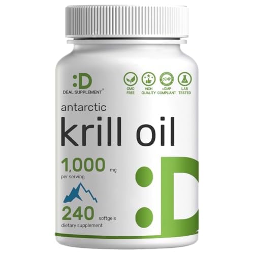 DEAL SUPPLEMENT Antarctic Krill Oil, 1,000mg Per Serving, 240 Softgels – Mercury Free, No Fishy Taste – Rich in Omega-3s, EPA, DHA, Astaxanthin, &