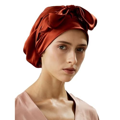 LilySilk 100% Pure Mulberry Silk Sleep Cap Womens Bonnet for Sleeping & Hair Care Night Band Head Red Clay