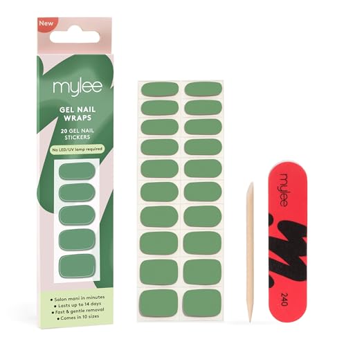 Mylee Gel Nail Wraps [Olive Grove] – 10 Pre-Cured Gel Stickers for Instant Mani – No Lamp Needed, Chip-Resistant, Glossy Finish, Lasts Up to 14 Da