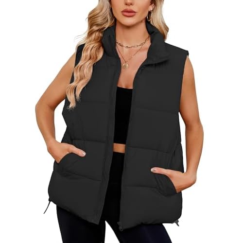Women Quilted Puffer Vest Sleeveless Jacket Zip Up Stand collar Lightweight Outerwear with Pocket 2025 Trendy Plain Black Medium