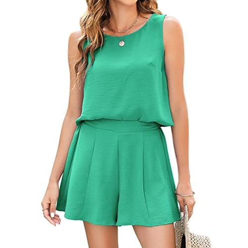 ROYLAMP 2025 Women's Summer 2 Piece Outfits Tank Sleeveless Crop Tops Culottes Shorts Sets Casual Beach Rompers X-Large Bright Green