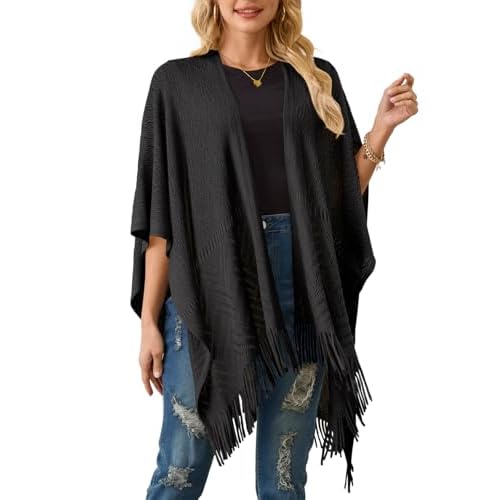 Ferand Women's Lightweight Crochet Shawl Wraps Open Front Knit Fringe Poncho for Spring Summer Black
