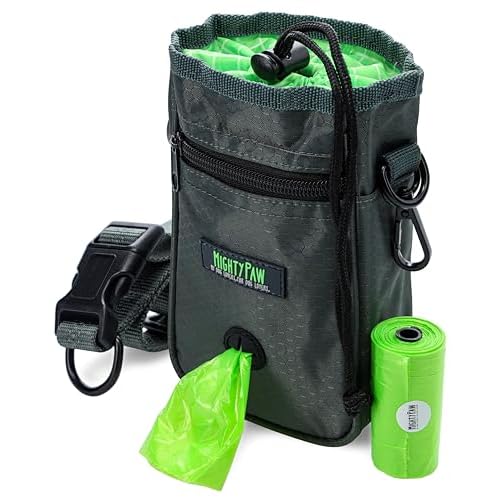 Mighty Paw Dog Treat Bag - Drawstring Closure Pouch - Includes Carabiner Hook and Pick-up Bags - Dog Paw Treat Bag - Pet Training Pouch - (Grey-Green)