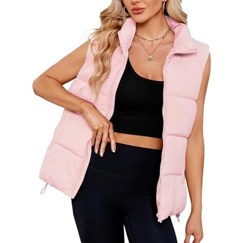 Women Quilted Puffer Vest Sleeveless Jacket Zip Up Stand collar Lightweight Outerwear with Pocket 2025 Trendy Plain Pink Medium