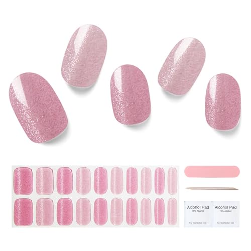 Semi Cured Gel Nail Strips, 20 pcs Gel Nail Stikers, Gel Nail Wraps Semi Cured, Salon-Quality, 2 Weeks Long Lasting, Large, Pretty in Pink Designs