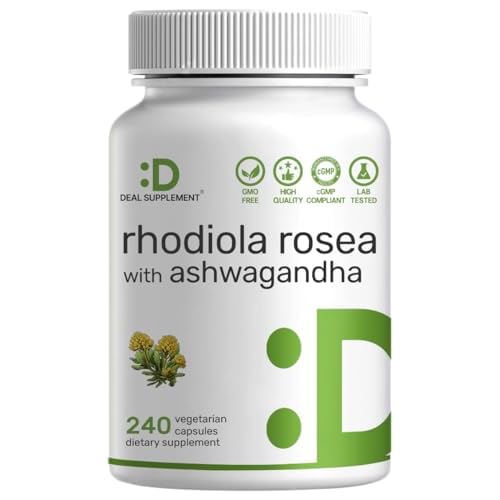DEAL SUPPLEMENT Rhodiola Rosea with Ashwagandha 5,000mg Per Serving, 240 Veggie Capsules – Max Strength 10:1 Root Extract – Adaptogenic Supplement