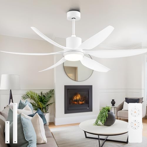 Modern 66" Large Ceiling Fan with Light & Remote Control in White, 6 Blades 6-Speed Low Profile Ceiling Fan Fixture, for Dining Room Bedroom Living Ro