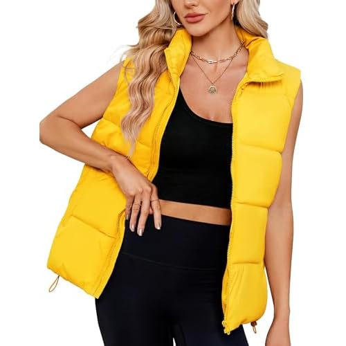 Women Quilted Puffer Vest Sleeveless Jacket Zip Up Stand collar Lightweight Outerwear with Pocket 2025 Trendy Plain Yellow X-Large