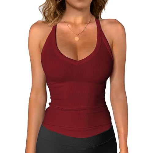 iGENJUN Womens Spaghetti Strap V-Neck Ribbed Tank Tops for Women 2025 Slim Fitted Soft Camisole Basic Layering Shirts Small Burgundy