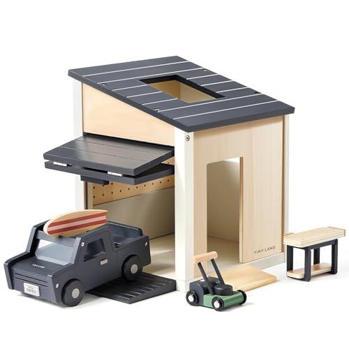 Tiny Land Wooden Dollhouse Garage Set – Realistic Design with Garage, Workbench,Lawn Mower & SUV Car, Expansion Dollhouse Furniture & Accessories fo