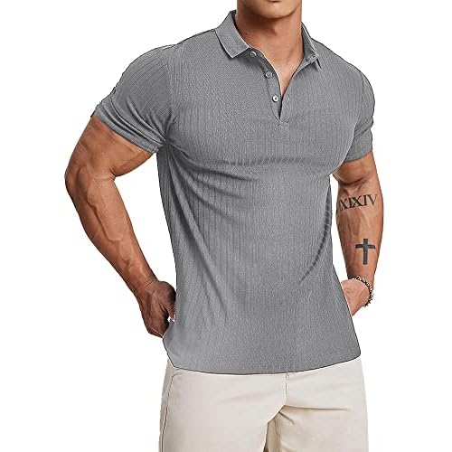 Muscle Cmdr Men's Cotton Muscle Shirts Slim Fit Business Casual Tee Long&Short Sleeve Ribbed Polo V Neck Shirt Small Grey-Short