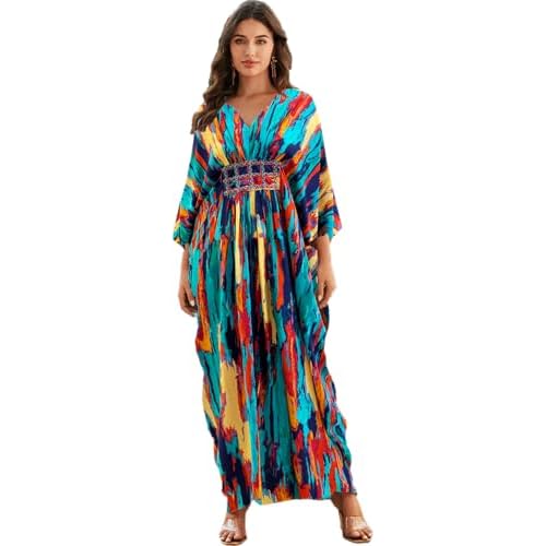 LOUSEA Ethnic Print Momo Dresses for Women Vneck Tie Dye Swimsuit Cover Ups Colorful Lougewear Dress One-Piece Beach Dress Pint6 One Size