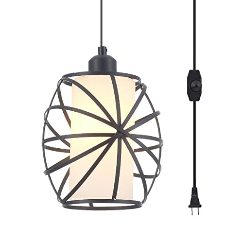 YLONG-ZS Hanging Lights with Plug in Cord，Glass Pendant Lighting Plug in,Blake Dimmerable Hanging Lamp， Swag Lamp for Kitchen Island,Bedroom,Livin