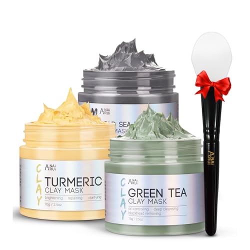 ANAI RUI Turmeric Clay Mask - Green Tea Clay Mask - Dead Sea Minerals Mud Mask, Spa Facial Mask Set, Face Mask Gift Set 2.5 oz each Orange
