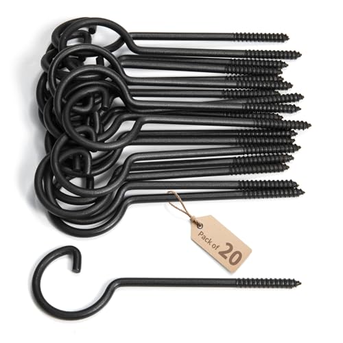 Screw Hooks - 6in Ceiling & Wall Hooks (20 Pcs), Ideal for Hanging Lights, Plants, Curtains & Kitchen Items Indoors-Outdoors 6in 20Pcs Black