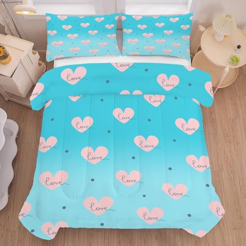 Blue Heart Shaped Comforter Set Twin Size Gradient Bedding for Kids Girls Teen Bedroom Decor Love Aesthetic Quilt Bed Sets, 1 Comforter 1 Pillowcase L