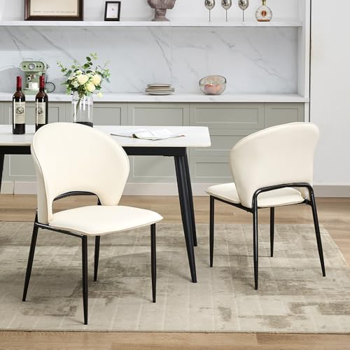 Dining Chairs Set of 2 Mid Century Modern Upholstered Chair with Metal Legs Faux Leather Mid-Back Accent Chair for Kitchen and Dining Room (White,2 Pa