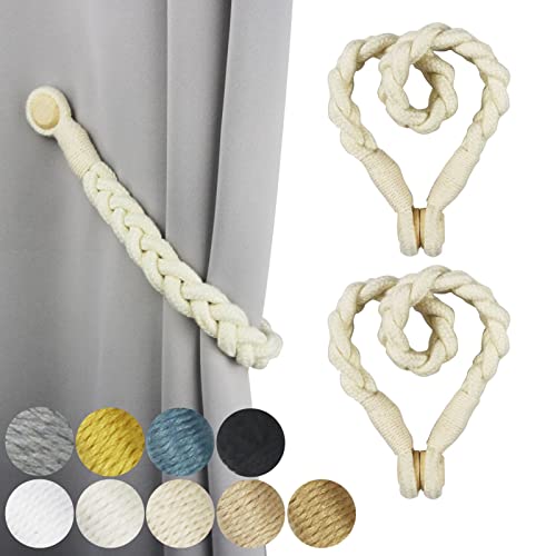 2 Pack Beige Magnetic Soft Curtain Tiebacks Cotton Hand-Woven Tieback Holdback Home Decorative Tie Backs with Wooden Buckle for Home Office Decor Beig