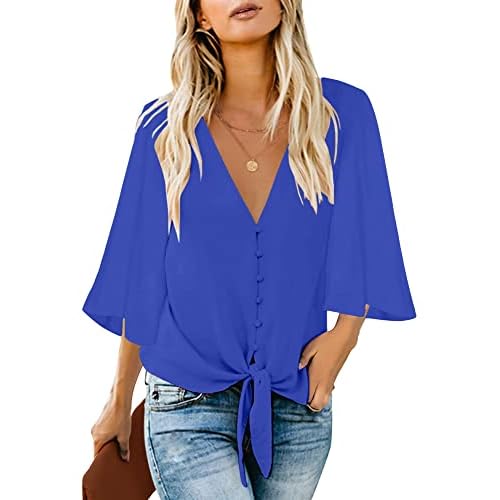 luvamia Women's Casual V Neck Tops 3-4 Sleeve Tie Knot Blouses Solid Button Down Shirts X-Large Lapis Blue