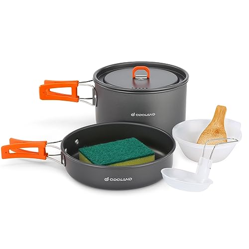 Odoland Camping Cookware Set Non-Stick Lightweight Camping Pots and Pans Mess Kit with Bowls Soup Spoon for Camping, Backpacking, Outdoor Cooking and