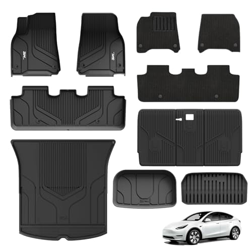 3W Floor Mats &1st 2nd Carpet on TOP for Tesla Model Y 2026 2025 2020-2024 All-Weather TPE Full Set Floor Liners Cargo Liner Seat Back Mats Car Accsee