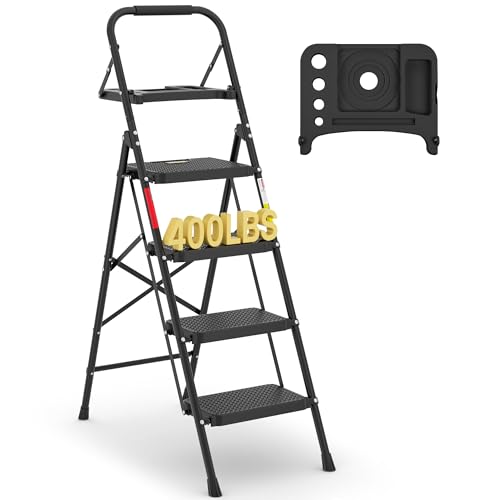 BONTEC 4-Step Ladder, 400lbs Max Load, Folding Step Stool with Tool Tray, Anti-Slip Pedals, Sturdy Steel, Lightweight Portable Ladder with Handrail fo