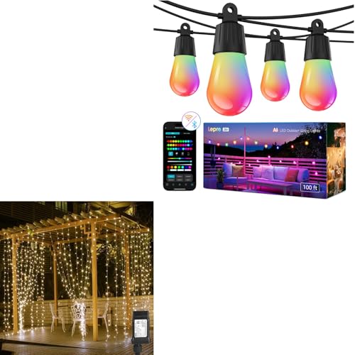 Lepro Bundle - Plug in 594 LED Curtain Lights & AI Smart Outdoor String Lights