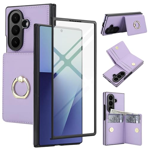 for Samsung Galaxy Z Fold 7 Wallet Case with Ring, 4 Card Slots & Cash Clip - Magnetic Clasp Closure, Front Tempered Glass Screen Protector Cover.(Lig