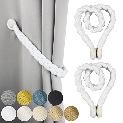 2 Pack White Magnetic Soft Curtain Tiebacks Cotton Hand-Woven Tieback Holdback Home Decorative Tie Backs with Wooden Buckle for Home Office Decor Whit
