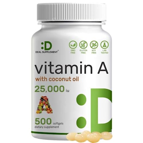 DEAL SUPPLEMENT High Potency Vitamin A 25000 IU, 500 Coconut Oil Softgels | Easily Absorbed, Natural Fish Liver Oil Source – Vitamins for Eye, Immun