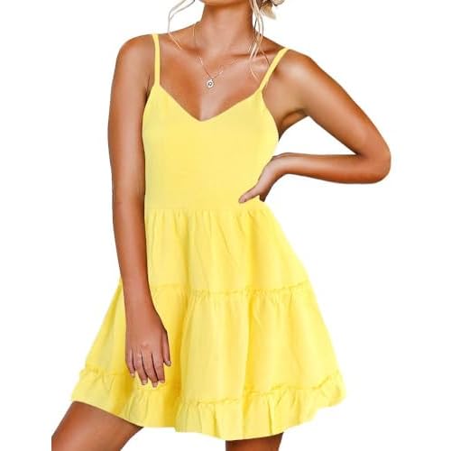 FANCYINN Women Floral Casual Tiered Mini Dresses Spaghetti Strap V Neck Backless A Line Swing Short Dress with Pockets Large Yellow